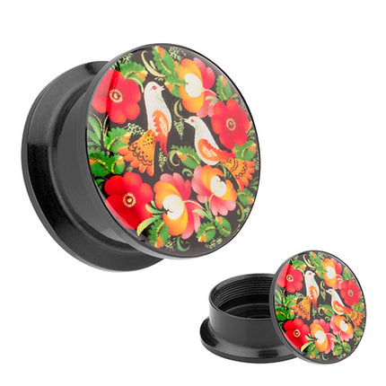 Picture Ohr Tunnel Gewinde Plug  Motiv Blumen & Vögel