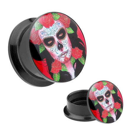 Picture Ohr Tunnel Gewinde Plug  Motiv Día de los Muertos Totenkopf