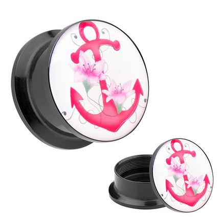 Picture Ohr Tunnel Gewinde Plug  Motiv Pink Anker & Blumen