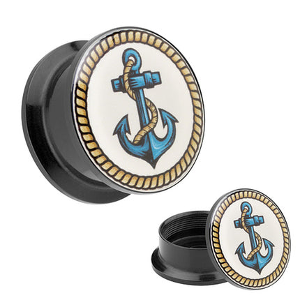 Picture Ohr Tunnel Gewinde Plug  Motiv Blauer Anker & Seemanns Seil