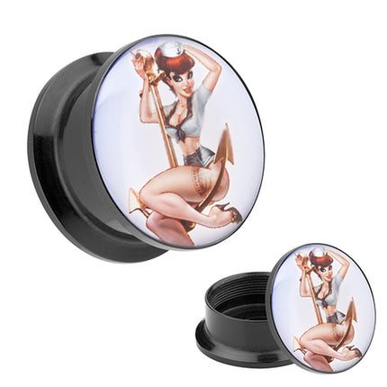 Picture Ohr Tunnel Gewinde Plug  Motiv Rockabilly Matrosen Mädchen auf Anker