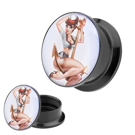 Picture Ohr Tunnel Gewinde Plug  Motiv Rockabilly Matrosen Mädchen auf Anker