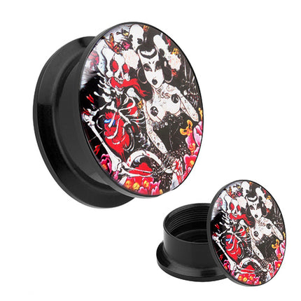 Picture Ohr Tunnel Gewinde Plug  Motiv Rockabilly Dead Girl & Skelett
