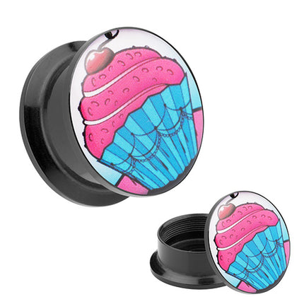 Picture Ohr Tunnel Gewinde Plug  Motiv Cupcake Muffin mit Kirsche
