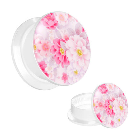 Picture Ohr Tunnel Gewinde Plug  Weiß Motiv Pfingstrosen