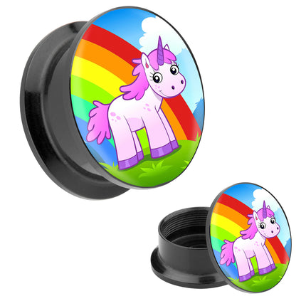 Picture Ohr Tunnel Gewinde Plug  Motiv Einhorn mit Regenbogen