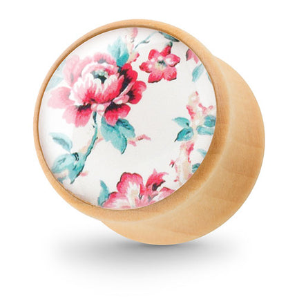 Ohr Tunnel Plug Holz Braun mit Rosen Blumen