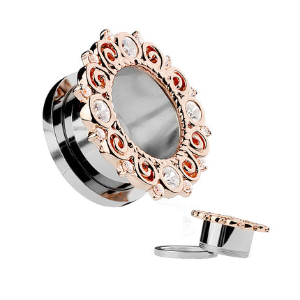 Flesh Tunnel Vintage mit Kristallen besetzen Rand Rosegold IP