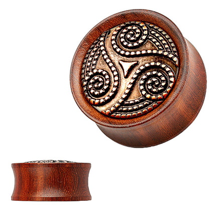 Ohr Sattel Plug Rosenholz Braun Tribal Triskelle gepunktet