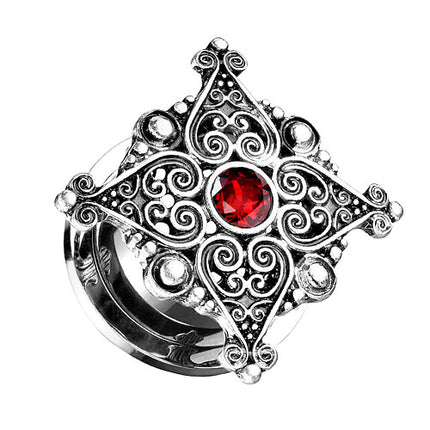 Ohr Tunnel Motiv Plug Edelstahl Tribal Herzen filigran roter Kristall