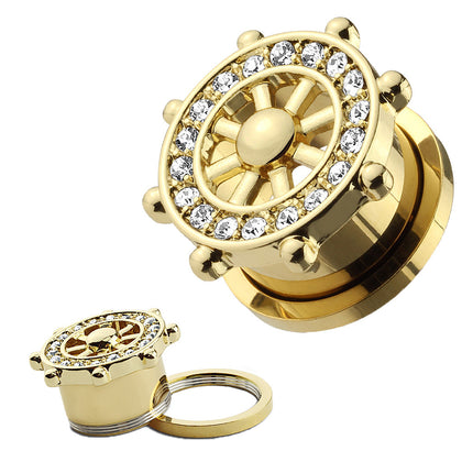 Flesh Tunnel Ohr Schiffsrad Steuerrad Gold IP mit Kristallen