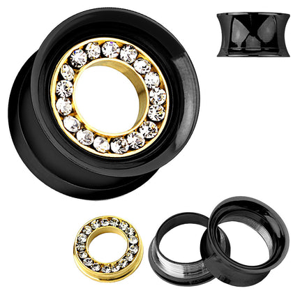 Flesh Ohr Tunnel Schwarz mit Kristall Inlay vergoldet