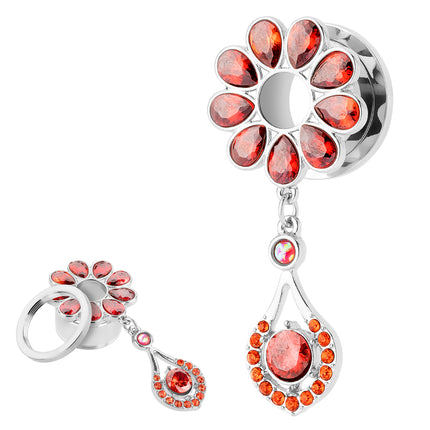 Flesh Ohr Tunnel Piercing mit roten Kristallen und Anhänger