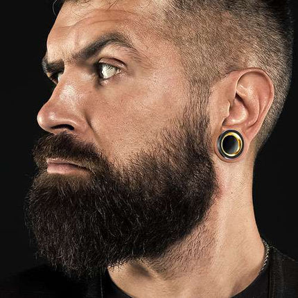 Flesh Ohr Tunnel zweifarbig Schwarz mit Gold und Schraubverschluss