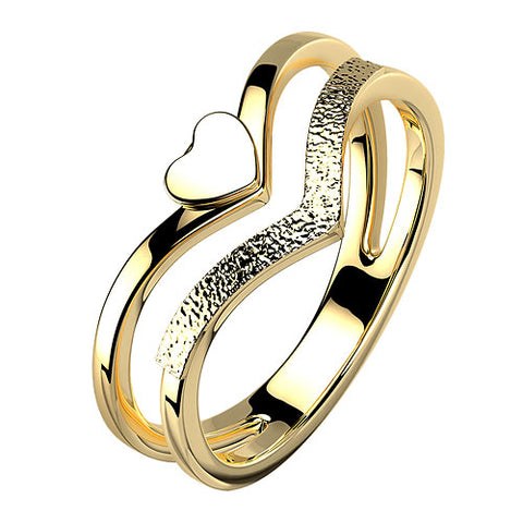 Designer Herz Damen Ring doppelter Chevron Fingerring Edelstahl sandgestrahlt vergoldet