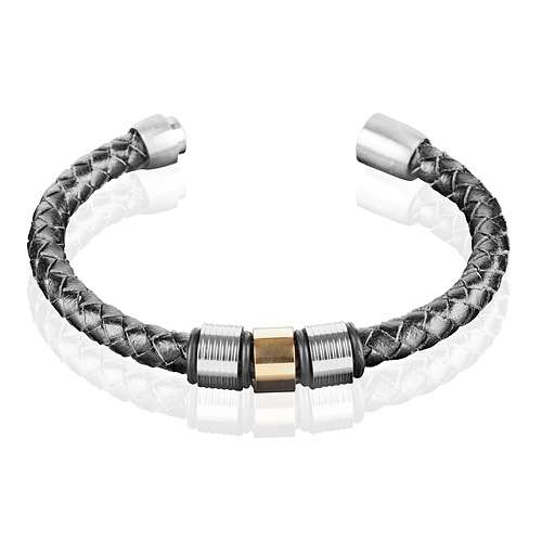 Leder Armband Schwarz Gold geflochten Magnetverschluß