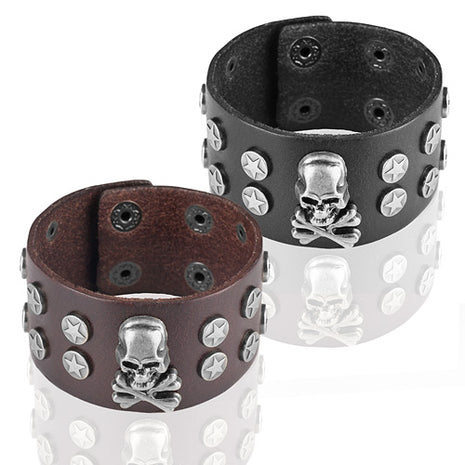 Leder Biker Armband Gothik Schwarz / Braun mit Totenkopf