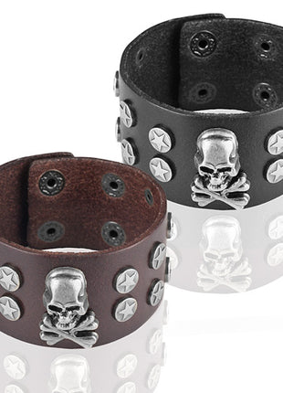 Leder Biker Armband Gothik Schwarz / Braun mit Totenkopf