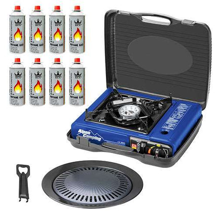 Alpencamping ( Blau ) + Grillplatte + 8 Gasflaschen