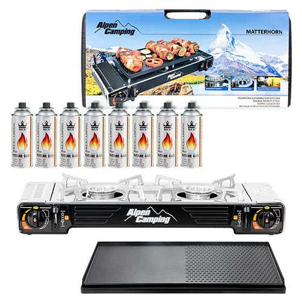 Doppel Gaskocher 2 flammig Camping Kocher Outdoor BBQ Grillplatte Gasflaschen