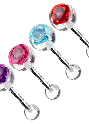 Stylish tongue piercing barbell ball with rose flower inlay 