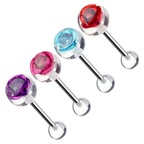 Stylisches Zungenpiercing Barbell Kugel mit Rosen Blüte Inlay