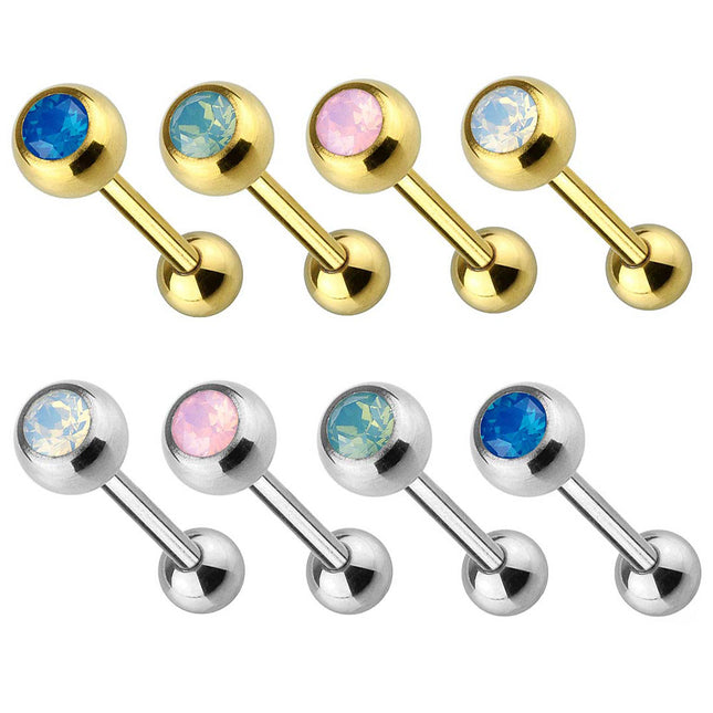 Zungenpiercing Barbell Hantel Edelstahl vergoldet mit Opal Stein