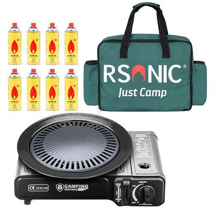 Kocher-Germany + grüne Tasche + Grillplatte + 8 Gasflaschen