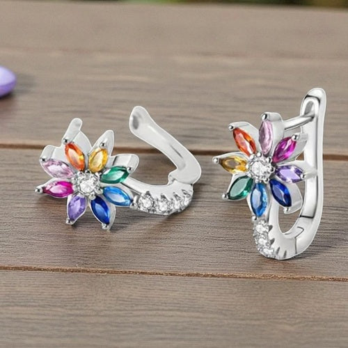 925 Sterling Silber Ohrringe Damen Creolen Blume Zikonia Kristall bunt