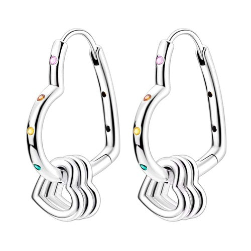 Herz Creolen 925 Silber bunte Kristalle Damen Ohrringe mit 3 kleinen Herzen