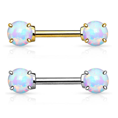 Real Gold 14 Carat Nipple Piercing Bar with Opal Stone 