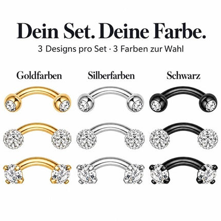 Augenbrauenpiercing 3er Set Curved Barbell mit Kristall Chirurgenstahl