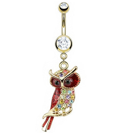 Belly button piercing crystal owl pendant gold plated 