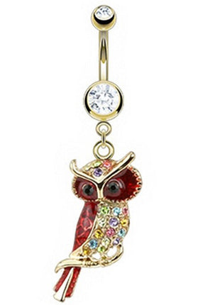 Belly button piercing crystal owl pendant gold plated 