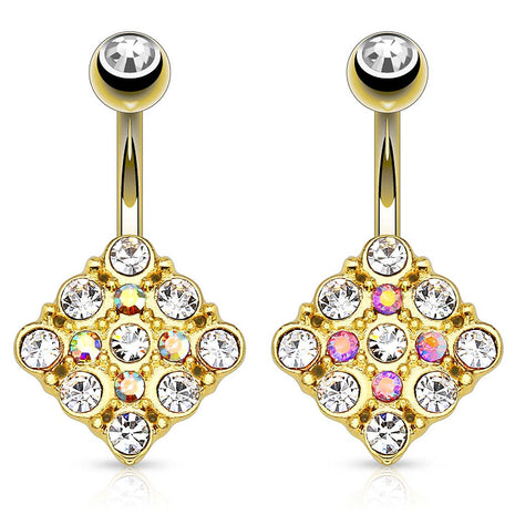 Belly button piercing jewelry as square gold plated with crystals 