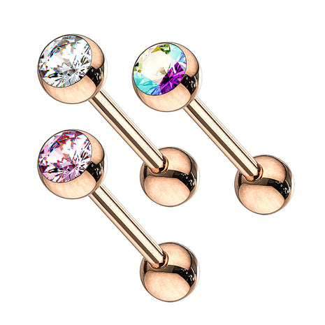 Tongue Piercing Barbell Rose Gold Plated with Crystal Ball 