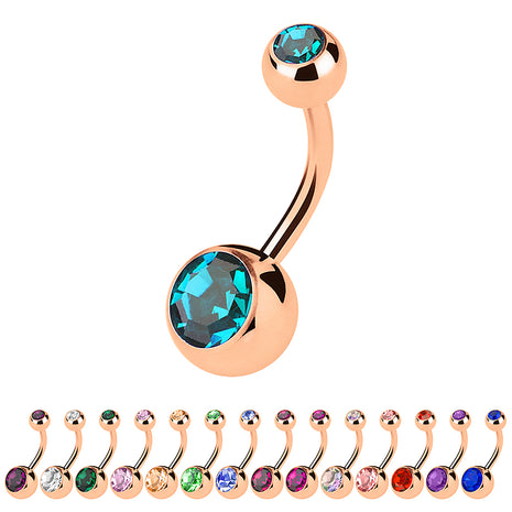 Belly button piercing plug rose gold plated double multi crystal 