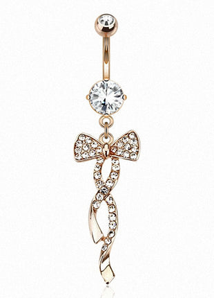 Belly button piercing rose gold IP crystal pendant with bow 