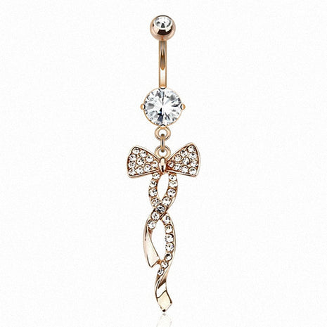 Belly button piercing rose gold IP crystal pendant with bow 