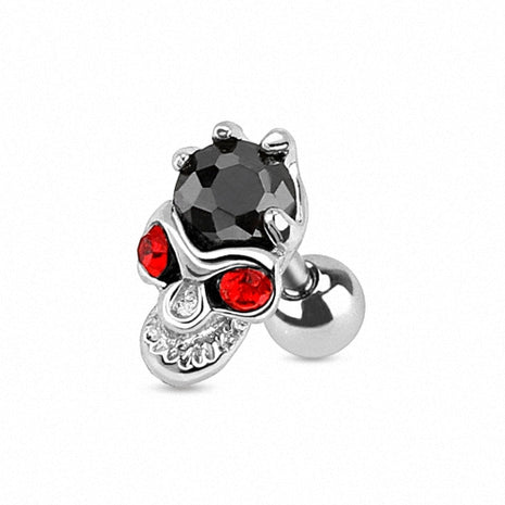 Tragus Piercing Stecker Kristall Totenkopf schwarz mit roten Augen