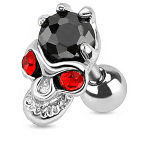 Tragus Piercing Plug Crystal Skull Black with Red Eyes 