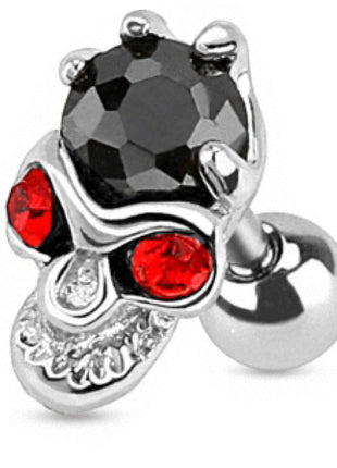 Tragus Piercing Plug Crystal Skull Black with Red Eyes 