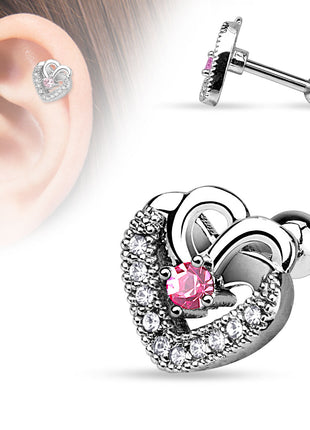 Tragus Cartilage Piercing Ear Stud Heart with Crystals 