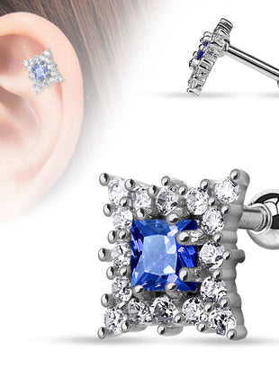 Tragus Cartilage Piercing Stud Square Crystals Sapphire Blue 