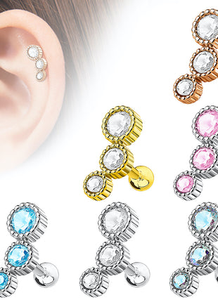 Helix Piercing Cartilage Stud Earrings with 3 Crystals 