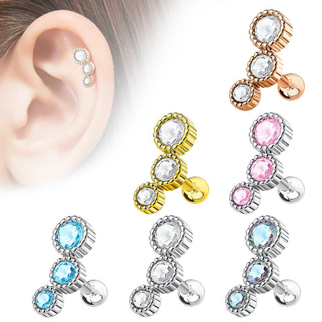 Helix Piercing Cartilage Stud Earrings with 3 Crystals 