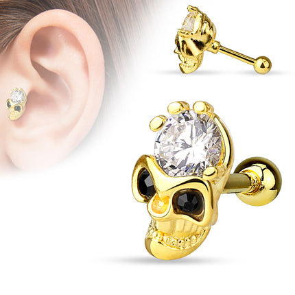 Tragus Cartilage Piercing Ohr Stecker Totenkopf vergoldet mit Kristall