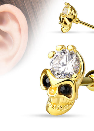 Tragus Cartilage Piercing Ear Stud Skull Gold Plated with Crystal 