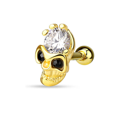 Tragus Cartilage Piercing Ear Stud Skull Gold Plated with Crystal 