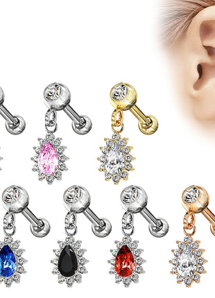 Tragus Ear Cartilage Piercing with Crystal Drop Pendant 